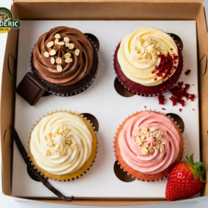 There are four different cupcake flavours in the image: chocolate, vanilla, red velvet, and strawberry. These cupcakes are sugar-free.